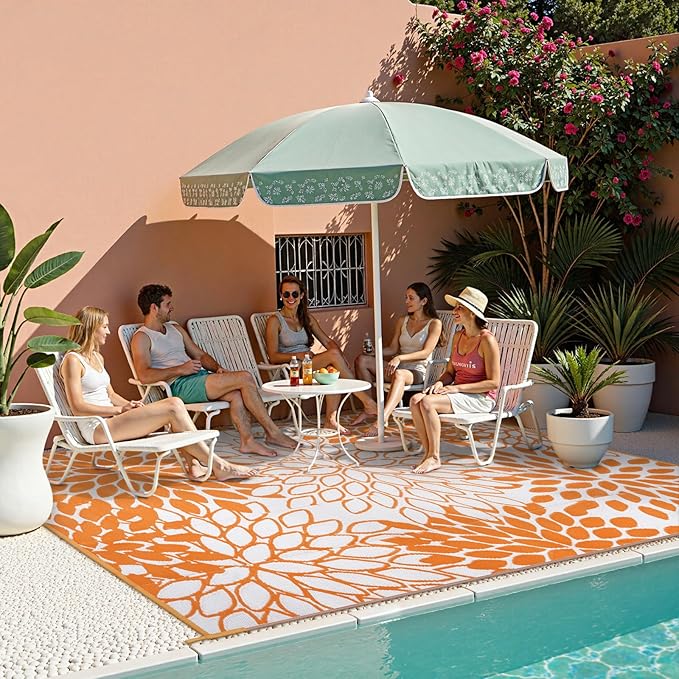 Anidaroel Outdoor Rugs 8x10ft for Patios Clearance Waterproof, Reversible Tropical Plastic Straw Camping Mat Outside Rug, Large Outdoor Area Rug for RV, Deck, Balcony, Picnic(Orange,8'x10')