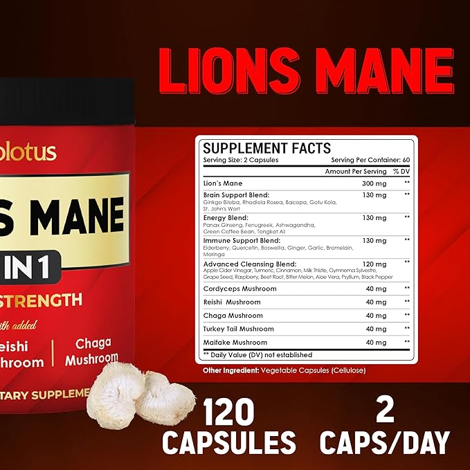 Zolotus 35 in 1 Lions Mane Mushroom Capsules Cordeyceps, Reishi, Elderberry, Ashwagandha, Panax Ginseng - 120 Count