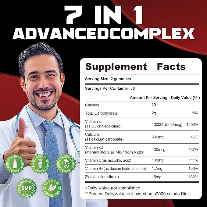 Sugar-Free Vitamin D3 K2 Gummies with Calcium + K2 (MK-7), Magnesium Citrate, Vitamin C, Extra Strength - Ultimate Absorption for Bone Muscle Teeth Immune, Vegan - 60 Gummies