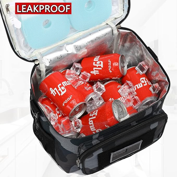 FlowFly Lunch Bag, Insulated Cooler, Thermal Lunch Box Tote with MOLLE/PALS Webbing, Adjustable Padded Shoulder Strap, for Tactical Men Women Adults and Boys Girls Kids (Black#Camo, Large)