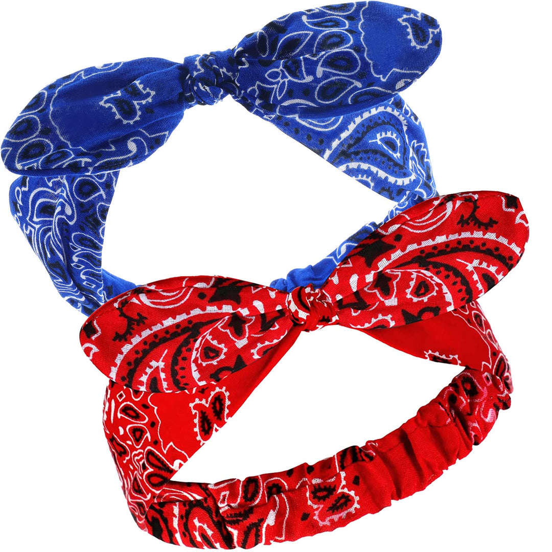 2 Pieces Bandana Headband For Women, Knot Retro Print Headbands Paisley Print Headband Headwrap Adjustable Headwrap(Red, Blue)