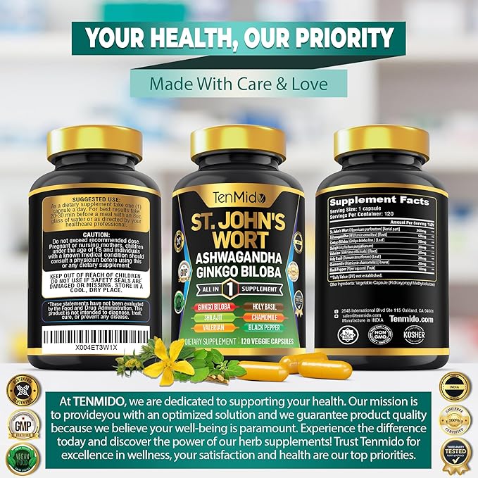 St.John's Wort Supplement - 8in1 Formula - Combine with Ashwagandha, Ginkgo Biloba, Shilajit, Valerian, Holy Basil, Chamomile, and Black Pepper - 120 Vegan Capsules for 4 Months Supply