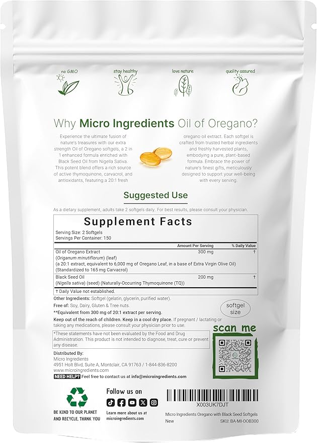 Micro Ingredients Oil of Oregano Softgels 6,000mg Per Serving & Multi Collagen Complex Bundle Pack | 4X Strength Carvacrol & Thymoquinon | Grass-Fed Collagen Peptides