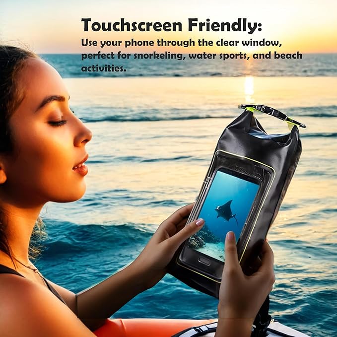 2L Waterproof Dry Bag - Multifunctional Waterproof Dry Pouch for Phone and Valuables - Essential for Outdoor Travel, Beach, Swimming, Boating, Camping (Black/Green)