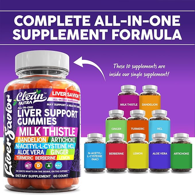 Clean Nutra Liver Cleanse Detox & Repair Gummies | Milk Thistle Gummy Liver Support Vitamins | Dandelion, Artichoke, Aloe Vera, Ginger, Berberine, Lemon, N-Acetyl-L-Cysteine, Turmeric Supplement HCL