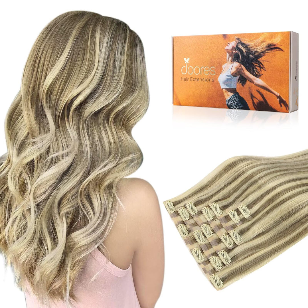 Doores Light Brown Highlighted Medium Blonde Human Hair Clip In Extensions, 20 Inch 150G 7Pcs Virgin Hair, Silky Straight Thick