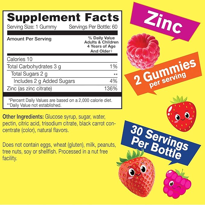 Zinc Gummies for Kids 15mg - 2 Month Supply - Gluten-Free, GMO-Free - Natural Berry Flavor - Supports Healthy Immune Function - 60 Gummies