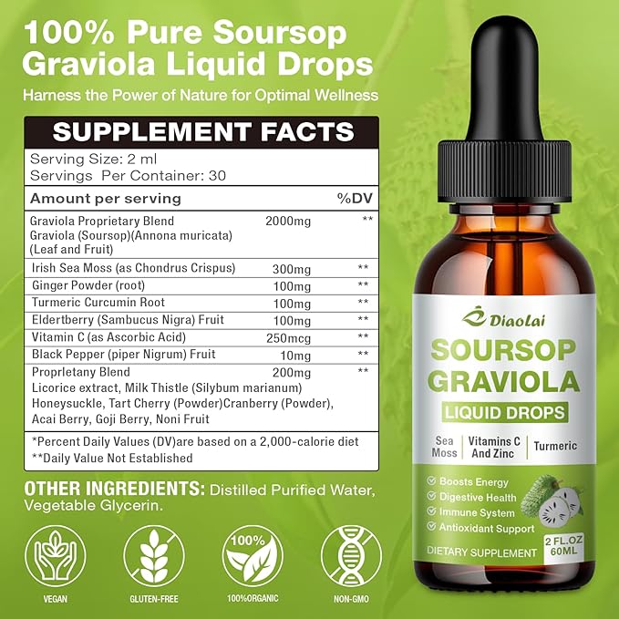 Soursop Graviola Liquid Drops - 100% Pure Organic Graviola Extract (2 Fl Oz) - Immune Support, Antioxidant Rich, Natural Energy Boost - Vegan, Non-GMO, Alcohol-Free