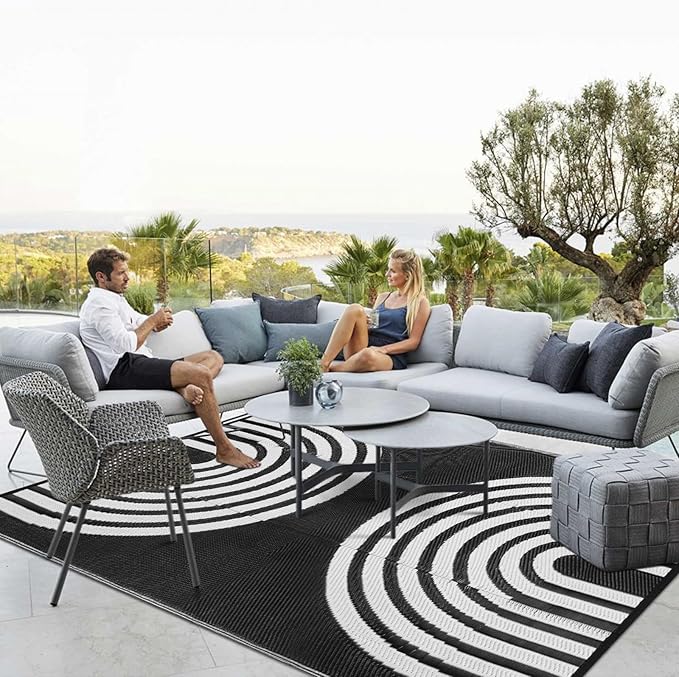 Anidaroel Outdoor Area Rugs 9x12ft Waterproof Clearance, Reversible Camping Rugs for Outside RV, Outdoor Plastic Straw Patio Rugs for Camping, Trailer, Backyard, Pool Deck, Picnic(Black&White, 9‘x12')