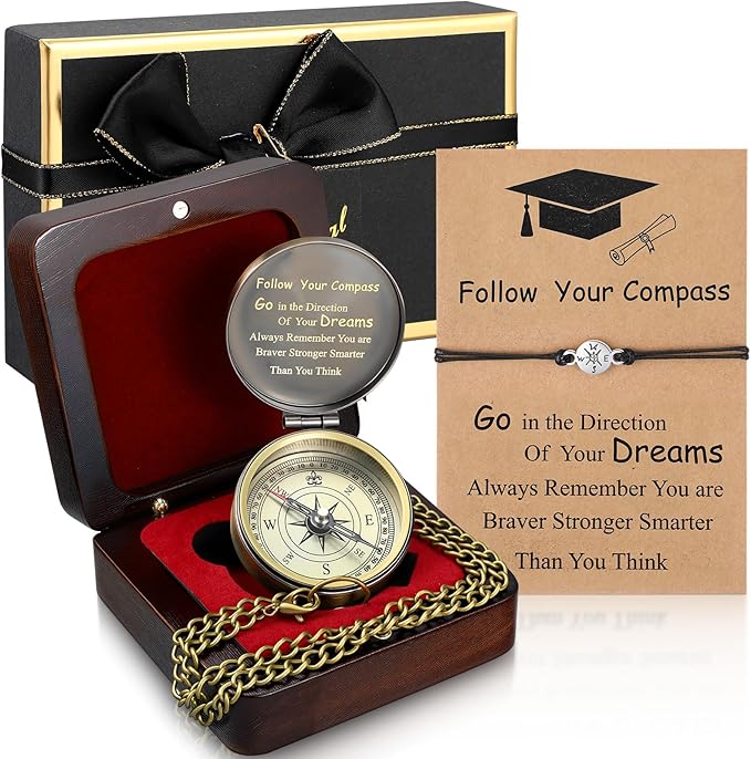 Compass Gift Set Engraved Compass with Chain Souvenir Present Bracelet with Greeting Card Walnut Wooden Box Gift Box for Women Men Friends Party Souvenir Favors