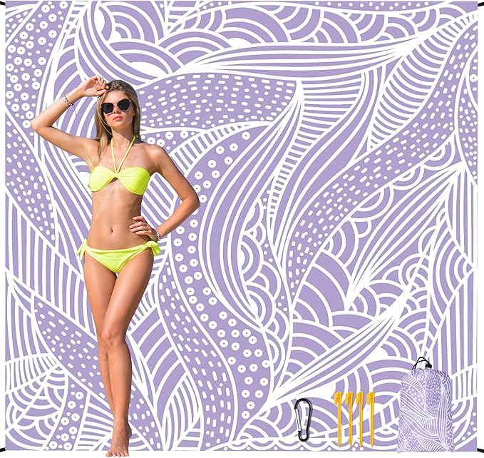 Beach Blanket Waterproof Sandproof Beach Mat 79”x 83” for 1-4 Adults Quick Drying Durable Outdoor Picnic Mat for Beach Festival Travel Camping Hiking (PP-Ripple, 79"×83"(4 Person))