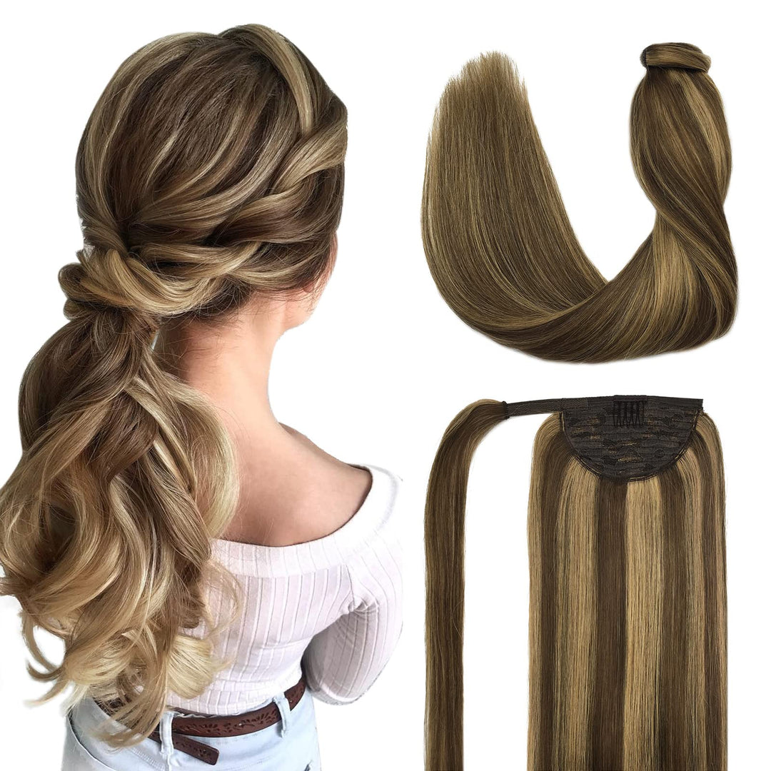 DOORES Hair Extensions Human Hair Ponytail Extensions Balayage Chocolate Brown Mixed Caramel Blonde 18 Inch 80g Clip In Human Hair Extensions Straight Wrap Around Ponytail Piece with Magic Paste