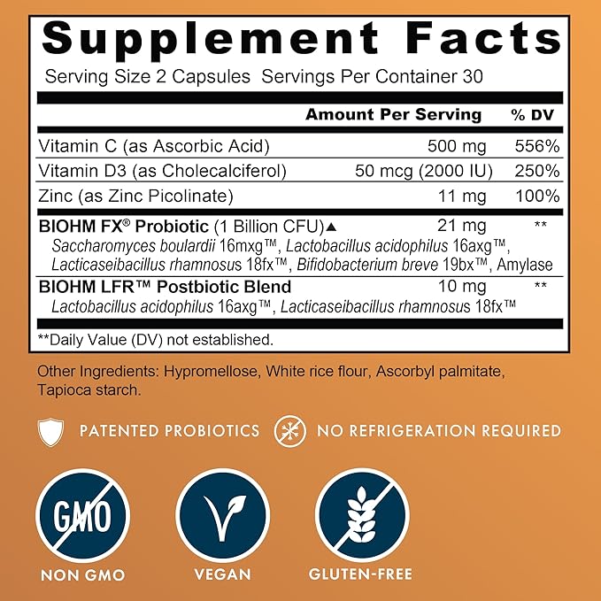BIOHM Immunity Probiotic with Vitamin C, D3 & Zinc, 1 Billion CFU (60 Capsules) Daily Probiotics for Women & Men, Digestive Health & Immune Support, Vegan, Gluten-Free and Non-GMO