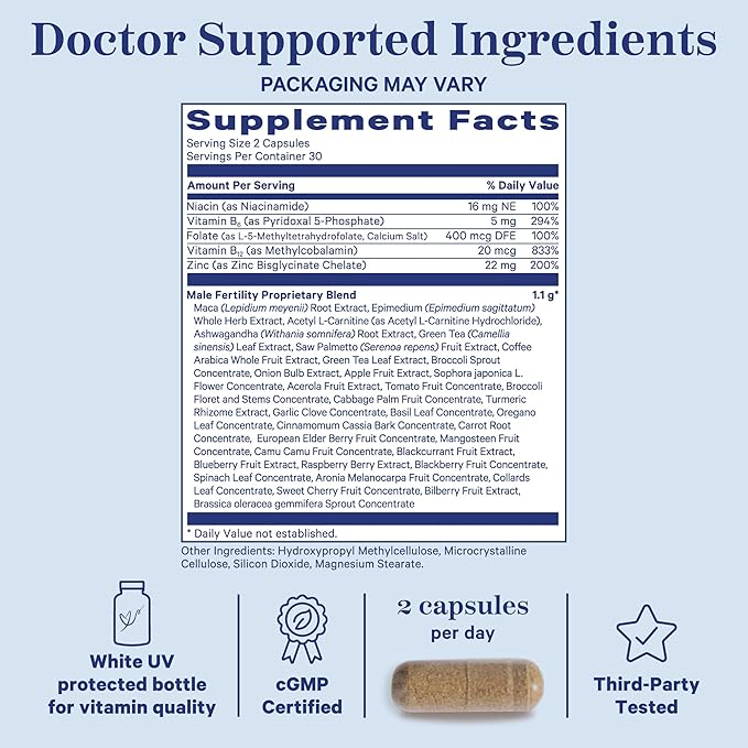 Blue Stork Fertility Supplements for Men - Supports Conception for Him - Male Prenatal Vitamins with Maca Root, Ashwagandha, Folate, B12 - Sperm Heath, Drive, Motility - 60 Capsules