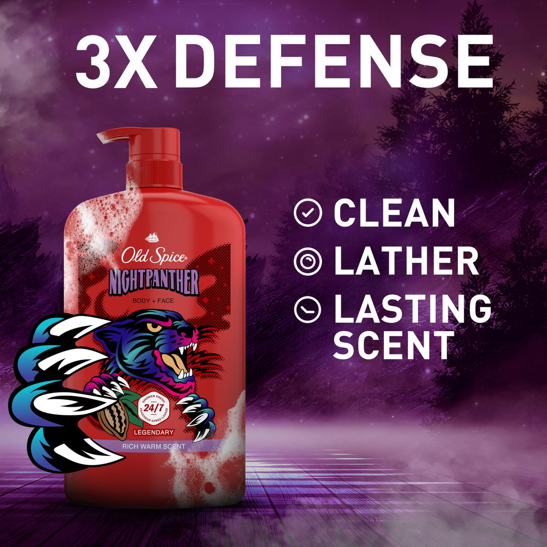 Old Spice Cleansing Body Wash for Men, 3X Defense, 24/7 Shower Fresh with Lasting Scent, 2-in-1 Body & Face Wash, NightPanther with Rich Warm Scent, 33.4 oz