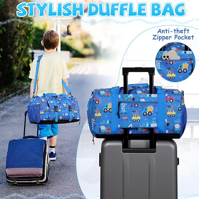 Kids Overnight Duffle Bags,Kasqo Boys Travel Bag Water Resistant Sports Gym Duffel Bag for Teens Girls Sleepover Bag Weekender Carry On Tote with Shoes Compartment Dry Wet Pocket,Blue Cars