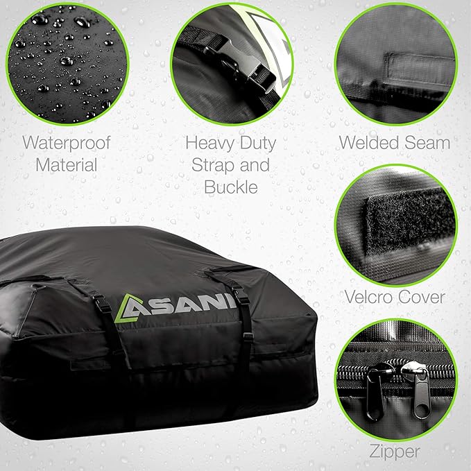 Asani Waterproof Car Roof Top Cargo Carrier Bag with 8 Heavy-Duty Straps and Buckles | Weatherproof Luggage Roofbag for Rooftop Racks | Car Topper Bag for Sedan, SUV, Vans & More (15 Cubic Feet)