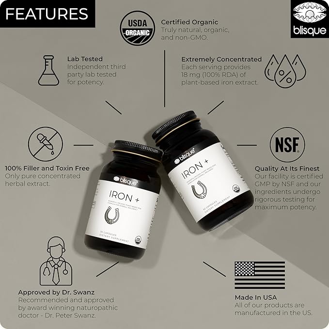 Blisque - Organic Plant-Based Iron Formula for Blood Health, Immune Support, and Energy | from Organic Curry Leaf Extract | 90 Capsules