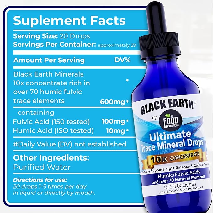 Black Earth Ultimate Trace Minerals 10x Strength, Fulvic Acid & Humic Acid, Non GMO Vegan Dropper, 1 Ounce - Ideal Supplement for Athletes