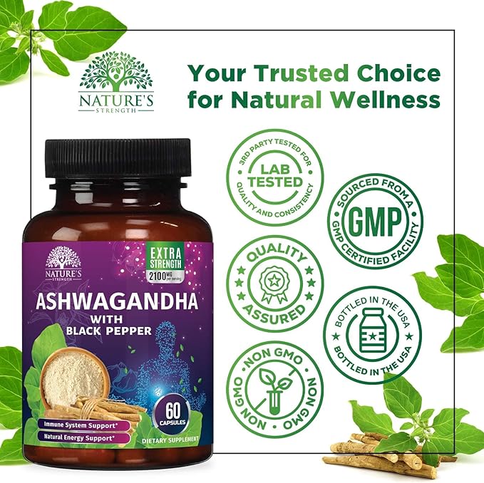 Ashwagandha Extra Strength 2100mg - Ashwagandha Supplements for Women & Men, Antioxidant Support, Nature's Vegan Ashwagandha Powder, Ashwagandha Supplement, Non-GMO & Gluten Free - 60 Capsules