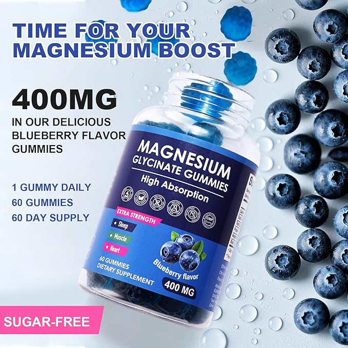 Blueberry Flavor Magnesium Glycinate Gummies 400mg – High Absorption Supplement for Adults and Kids, Sugar-Free, Gelatin-Free, Vegan-Friendly, 60-Day Supply
