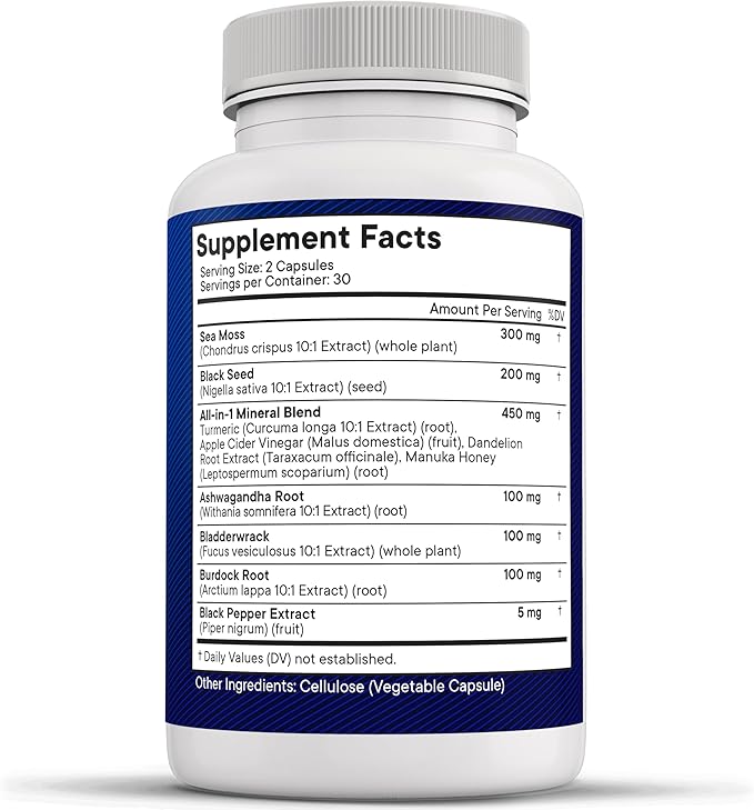 NEW AGE Sea Moss Capsules Black Seed Oil Ashwagandha Turmeric Bladderwrack Burdock - with Manuka, Honey Dandelion, ACV Black Pepper Gluten Free