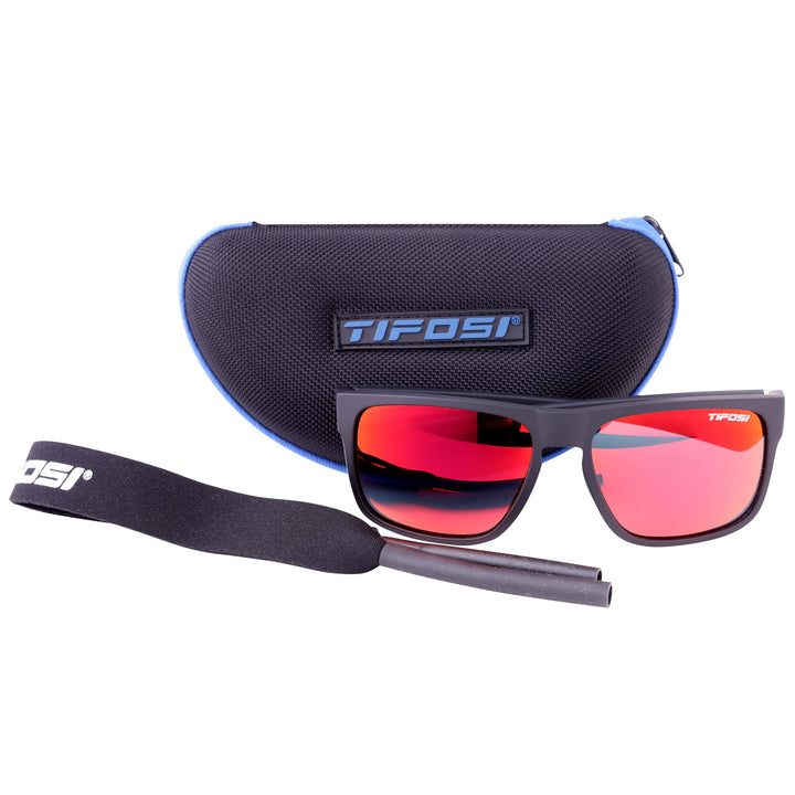 Tifosi Optics Swick Sunglasses Bundle with Case and Eyewear Straps (Satin Black Crimson/Smoke Red Mirror)