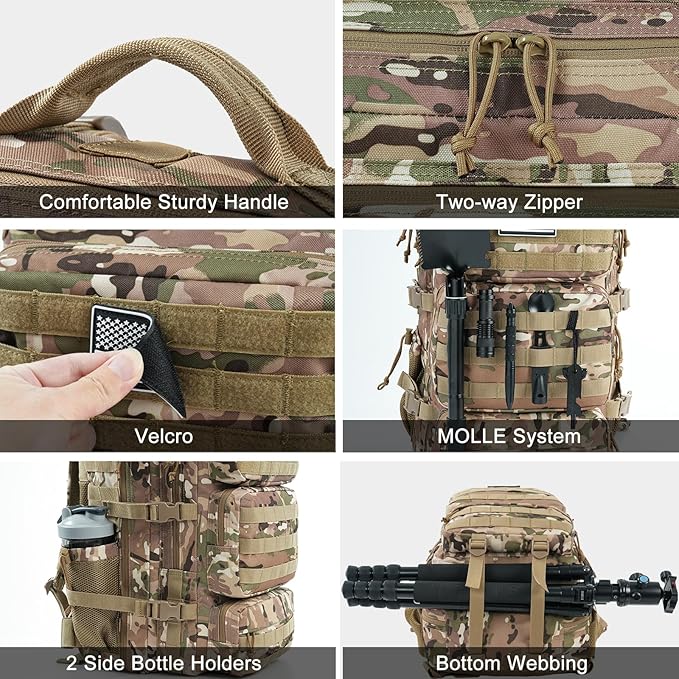 Military Tactical Backpack 50L Large Day Backpack for Men Molle Army 3 Days Assault Pack Bug Out Bag Water Resistant and Heavy Duty Hiking Treeking Rucksack - Camouflage