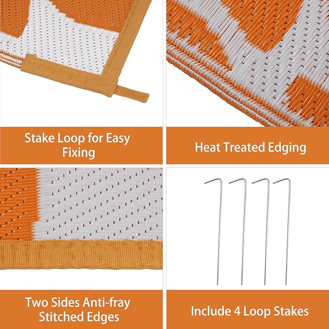 Anidaroel Outdoor Rugs 6x9ft for Patios Clearance Waterproof, Reversible Tropical Plastic Straw Camping Mat Outside Rug, Large Outdoor Area Rug for RV, Porch, Deck, Balcony, Picnic(Orange,6'x9')