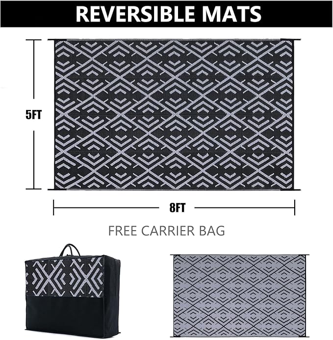 Outdoor Plastic Straw Rug, Waterproof Outdoor Rugs for Patios Clearance, Reversible Area Rug, Large Outside Carpet for Camping, Balcony, RV, Deck, Picnic, Beach (5x8ft Boho/Black&Grey)