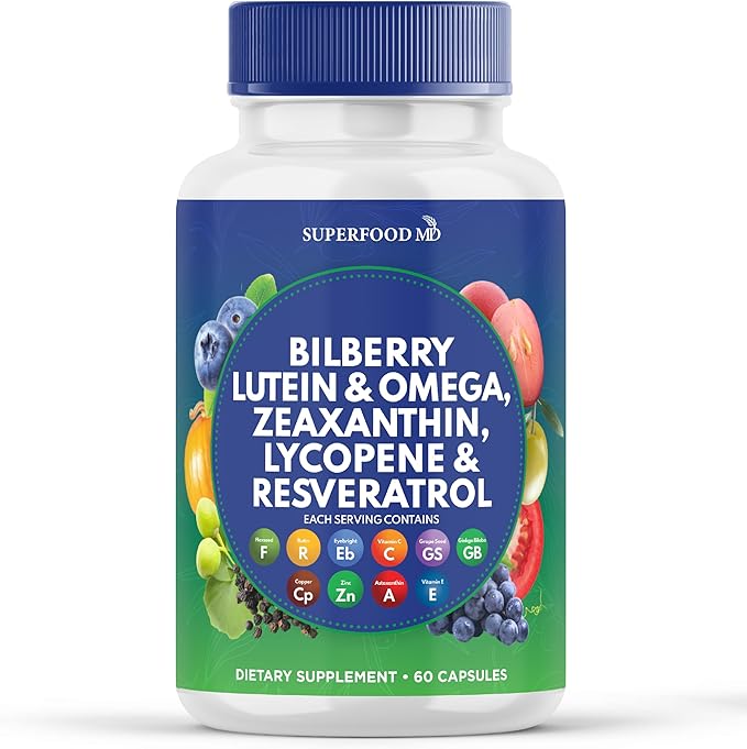 Superfood MD Eye Health Vitamins with Bilberry Lutein & Zeaxanthin Lycopene Resveratrol Grape Seed Extract Astaxanthin- AREDS 2 - Eye Vitamin - 60 Capsules