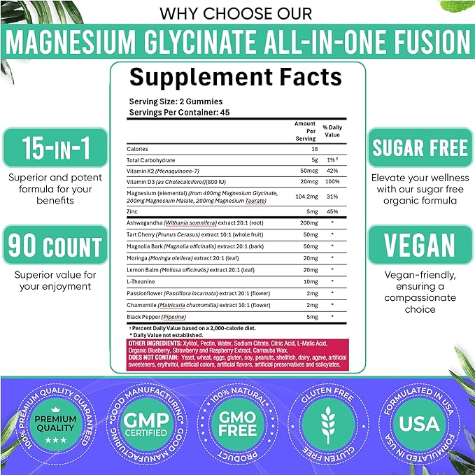 90ct 15-in-1 Magnesium Glycinate Gummies 400 mg/serv- with Magnesium Malate, Ashwagandha, Tart Cherry, Magnolia Bark, Lemon Balm, Passionflower, Chamomile, L-Theanine, Zinc, Vitamin K2 & D3