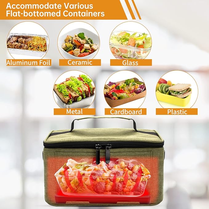 Aotto Portable Oven, Electric Lunch Box Food Heater - 12V/24V/110V 3-in-1 Car Food Warmer - Heated Lunch Box for Adults - Cook, Reheat & Keep Meals Warm for Car, Truck, Travel, Work, Home - Green