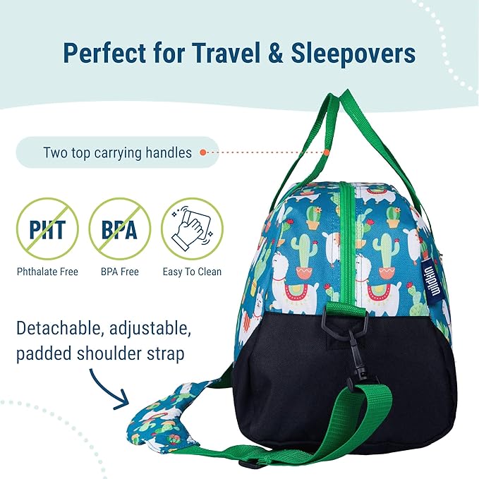 Wildkin Kids Overnighter Duffel Bag – Carry-On Size, Ideal for School & Sleepovers – Llamas and Cactus