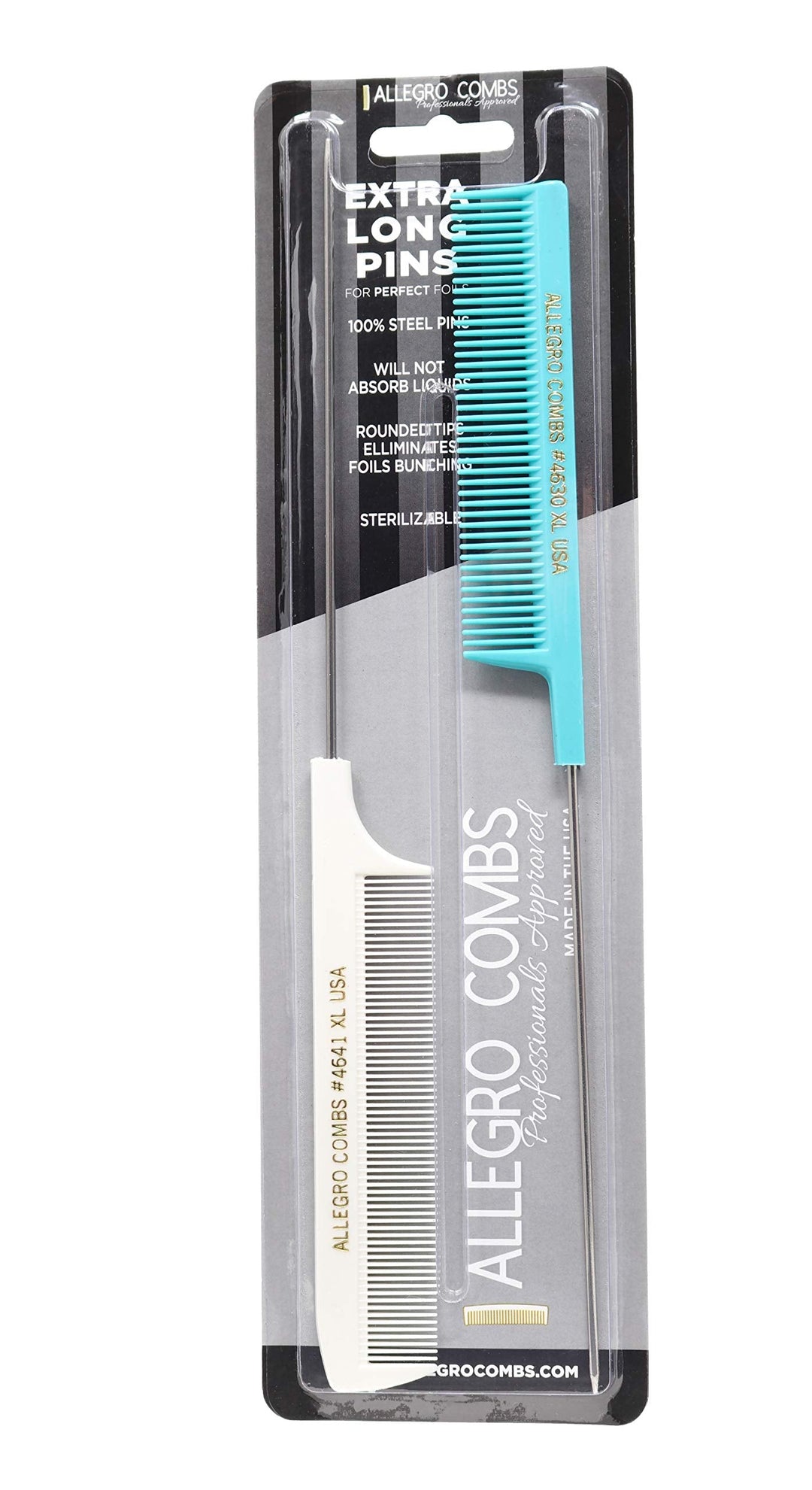 Allegro XL Pintail Rat Tail & Parting Combs - Metal Tail Foiling & Pin Combs (2 Pc. AQUA & WHITE)