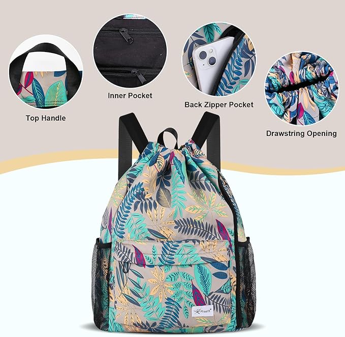 Drawstring Backpack with Mesh Pockets String Gym Bag Sackpack Sandproof Water Resistant Beach Backpack for Men Women