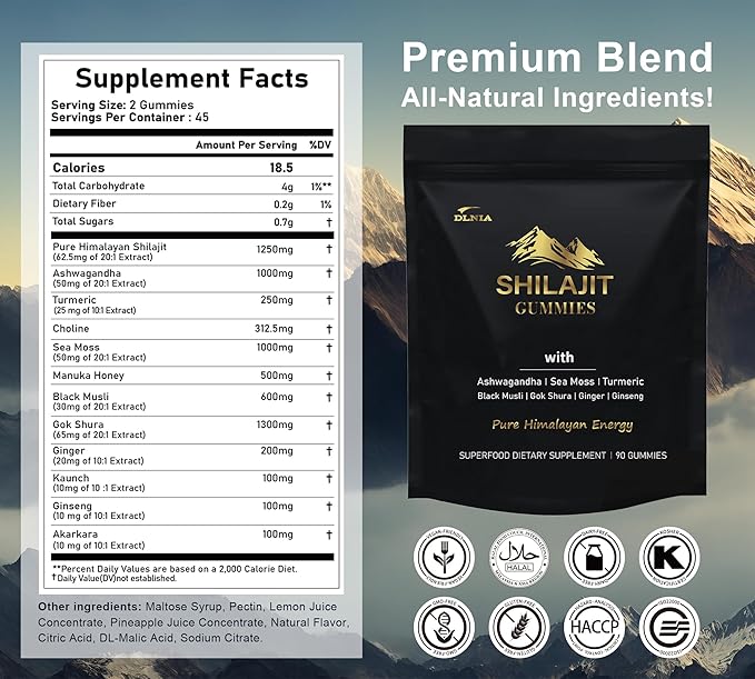 Shilajit Gummies with Ashwagandha, Turmeric - Organic, Zero Sugar & Vegan-Friendly Himalayan Shilajit for Men & Women - Energy, Calm, Cortisol, Sleep, Immune Support & Overall Health