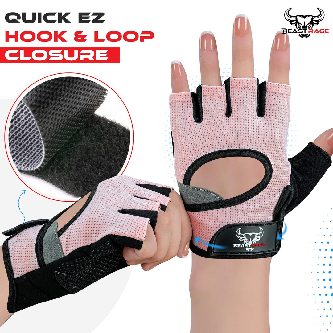 BEAST RAGE Workout Gloves for Men and Women, Fingerless Weight Lifting Gloves with Palm Protection Padding, Breathable and Lightweight Gym Gloves for Weightlifting, Cycling Pull Up (Pink, XS)