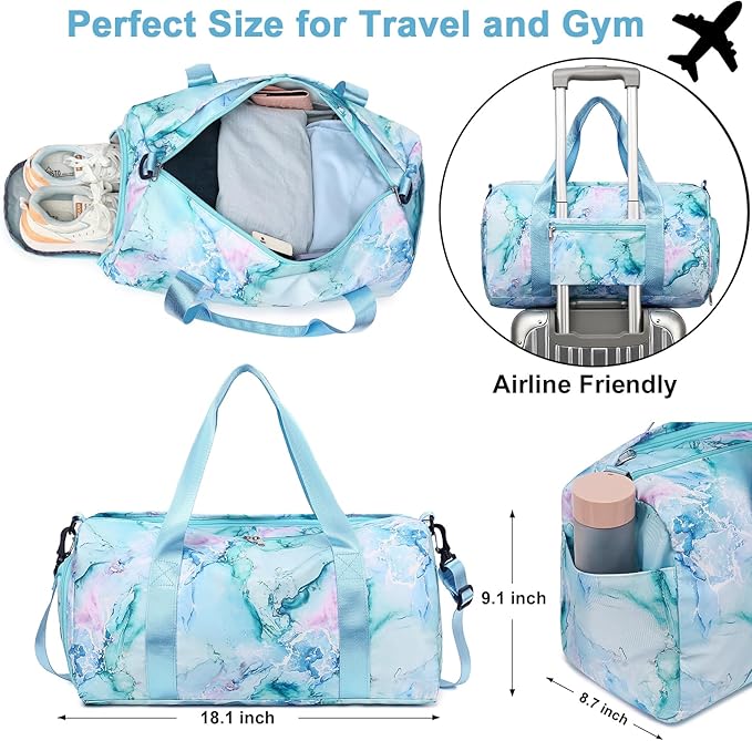 Gym Bag Sports Duffle Bag with Wet Pocket Weekender Overnight Bag with Waterproof Shoe Pouch and Air Hole for Girls Kids Women Travel Foldable Bag