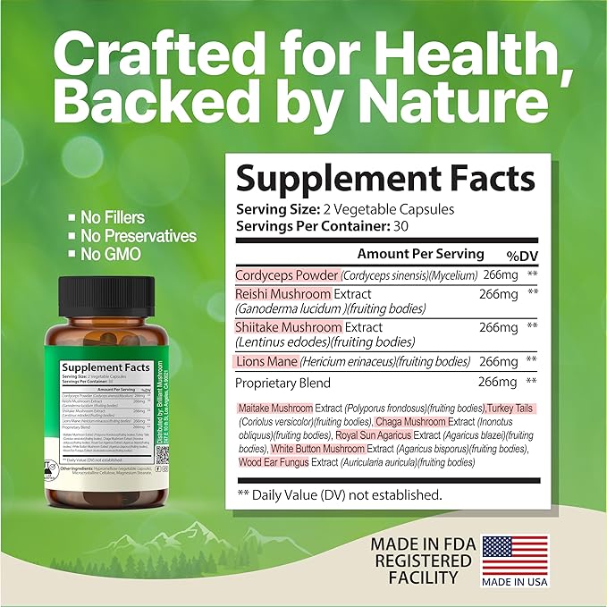 Mushroom X Supplement – 10 Mushroom Complex for Brain, Energy, Immune & Antioxidant Support – Lion’s Mane, Chaga, Reishi & More – Vegan, Non-GMO, Gluten-Free, Made in The USA – 60 Capsules