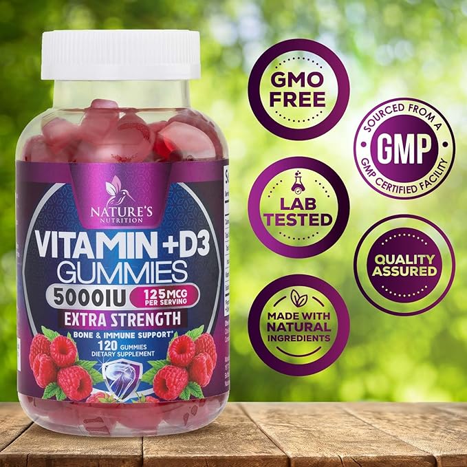 Vitamin D3 Supplement Gummy 5000 IU (125 mcg) Dietary Vitamins D for Men & Women - Bone, Teeth, Muscle and Immune Health Support, High Potency VIT D3 Nature's Non-GMO & Gluten Free - 120 Gummies