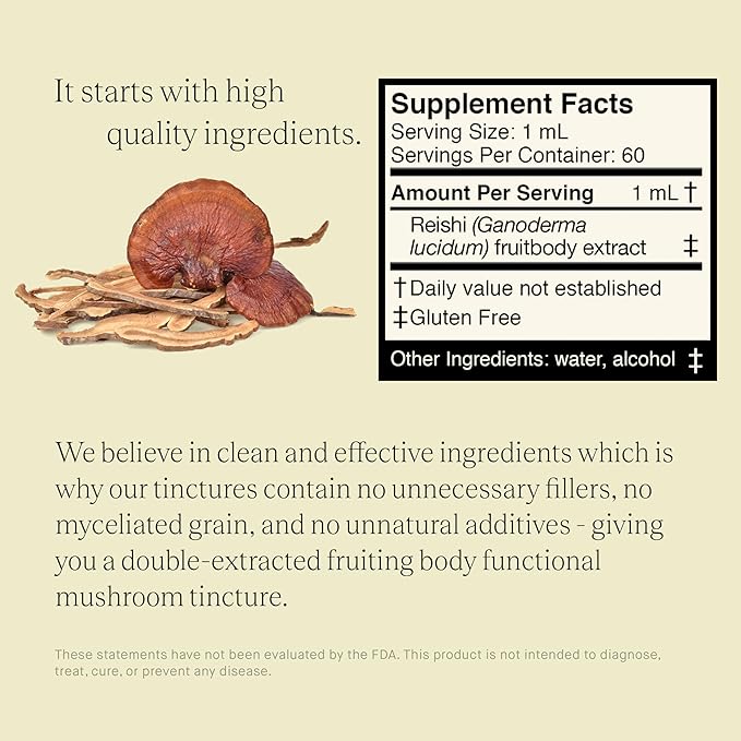 Reishi Mushroom Extract - Double Extracted Fruitbody Mushroom Tincture | Wellness Booster, Improve Sleep, Balance Hormones (60 Servings)