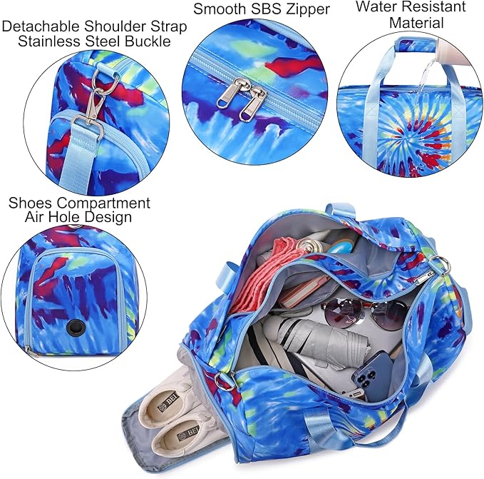 Dance Bag for Girls Travel Duffel Bags Waterproof Sports Gym Overnight for Girls Women,Tie-dye Ballet with Shoe Compartment (Tie-dye Blue)