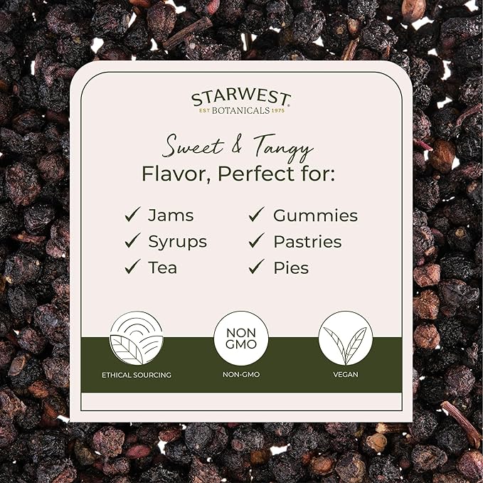 Starwest Botanicals Whole Elderberries - Dried Elderberries for Syrup, Tea, Gummies, & Jam, Immune Support, Certified Kosher, Wildcrafted Natural Berries - Bulk 1 lb Bag