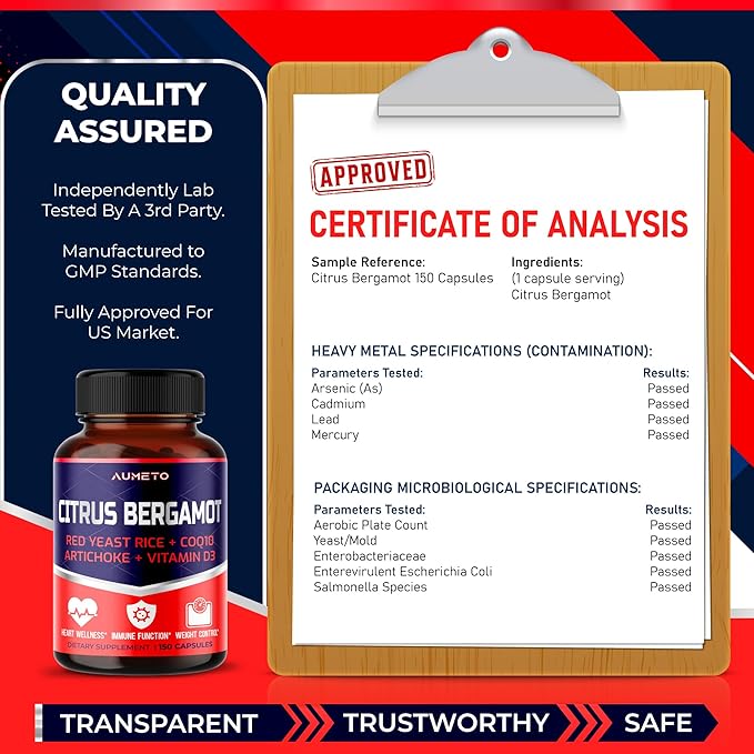 Citrus Bergamot Supplement with Red Yeast Rice, CoQ10, Artichoke, Vitamin D3 - Support Overall Circulation Wellness and Immune System (150 Count (Pack of 1))