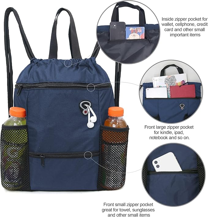 BeeGreen Drawstring Backpack Sports Gym Bag With Shoe Compartment and Two Water Bottle Holder …