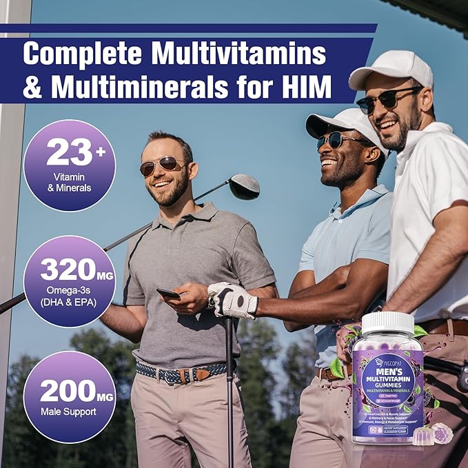 Multivitamin for Men, Mens Multivitamins Gummies w/Omega-3, Probiotics, Inositol, Folate, Biotin, Zinc, Vitamins A, C, D, E, B, - Support Heart, Brain, Muscle, Energy, Sugar-Free, Blackberry Flavor