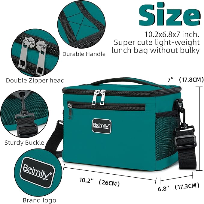 BEIMILY Lunch Box for Men/Women,Small Insulated Lunch Bag,Reusable LunchBox for work Picnic Beach,Leakproof Soft Cooler Tote Bag Organizer with Adjustable Shoulder Strap for Adults (Dark teal)