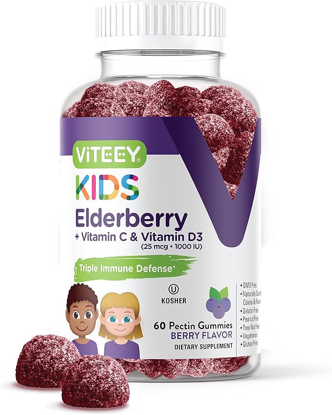Sambucus Elderberry Gummies for Kids Immune Support Supplements with Vitamin D3 & Vitamin C - 3-1 Immune Booster - Vegetarian, Gelatin Free, Gluten Free, GMO Free - Tasty Chewable Berry Flavored Gummy