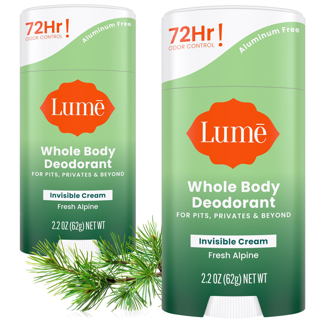 Lume Whole Body Deodorant - Invisible Cream Stick - 72 Hour Odor Control - Aluminum Free, Baking Soda Free, Skin Safe - 2.2 Ounce (Pack of 2) (Fresh Alpine)